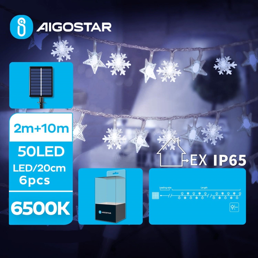 Aigostar - LED Solarne božićne lampice 50xLED/8 funkcija 12m IP65 800 mAh hladna bijela