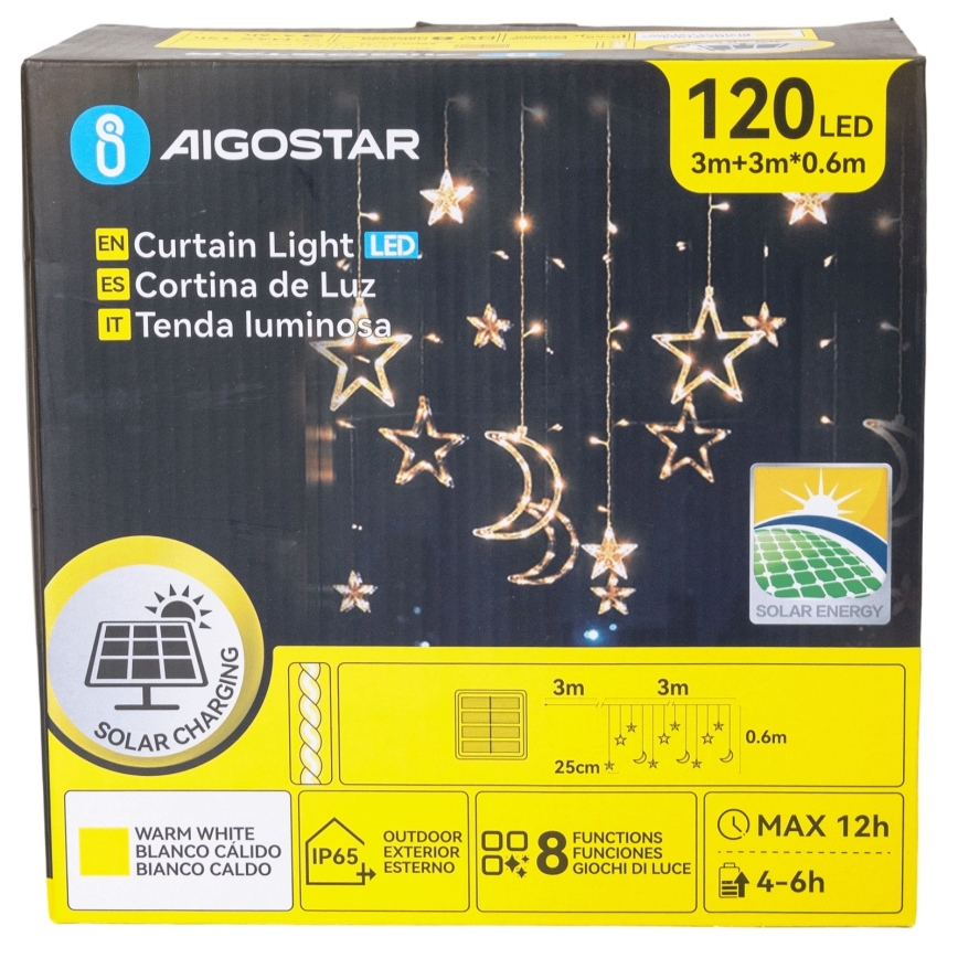 Aigostar - LED solarni lanac 120 LED/8 funkcija 3 x 0,6 m 500 mAh IP65 topla bijela