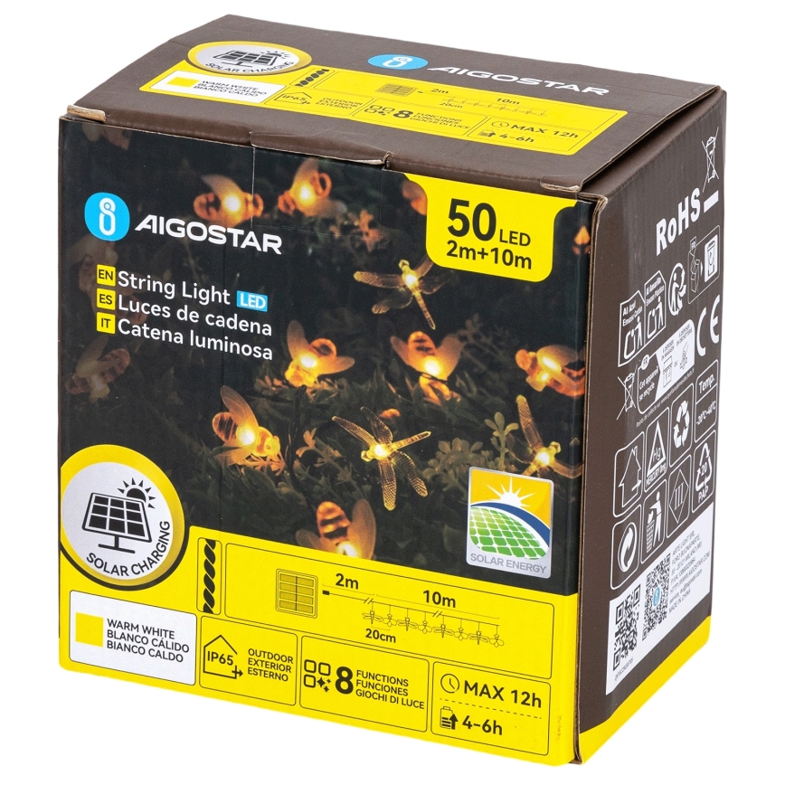 Aigostar - LED solarni dekorativni lanac lampica 50xLED/8 funkcija, 10 m, 800 mAh, IP65, topla bijela