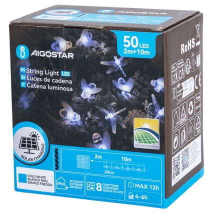Aigostar - LED solarni dekorativni niz 50xLED/8 funkcija 10 m 800 mAh IP65 hladno bijela