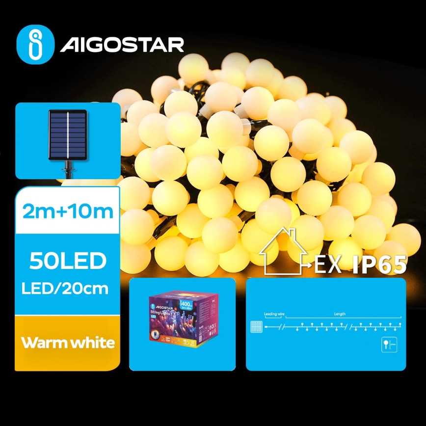 Aigostar - LED Solarni dekorativni lanac 50xLED/8 funkcija 12m 800 mAh IP65 topla bijela