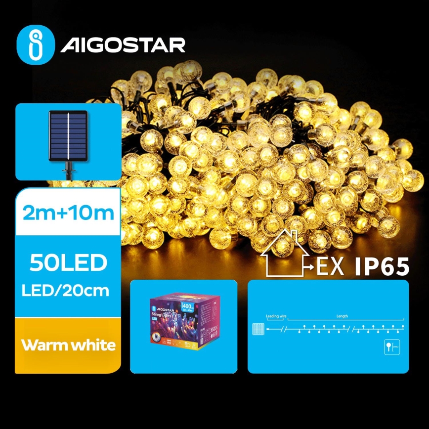 Aigostar - LED Solarni dekorativni lanac 50xLED/8 funkcija 12m 800 mAh IP65 topla bijela