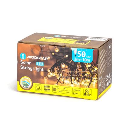 Aigostar - LED Solarni dekorativni lanac 50xLED/8 funkcija 12m 800 mAh IP65 topla bijela