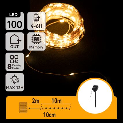 Aigostar - LED solarni lanac 100x LED / 8 funkcija, 12 m, 800 mAh, IP65, topla bijela
