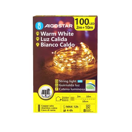 Aigostar - LED solarni lanac 100x LED / 8 funkcija, 12 m, 800 mAh, IP65, topla bijela