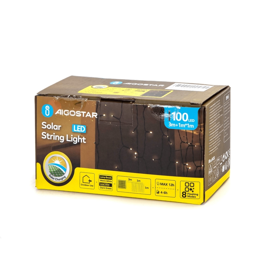 Aigostar - LED solarni lanac 100xLED/8 funkcija 4x1m IP65 topla bijela 800 mAh