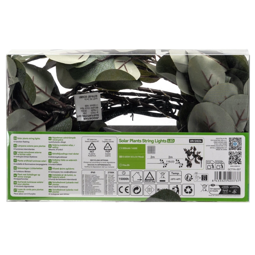 Aigostar - LED Solarni lanac 110xLED/4m IP65 topla bijela eukaliptus
