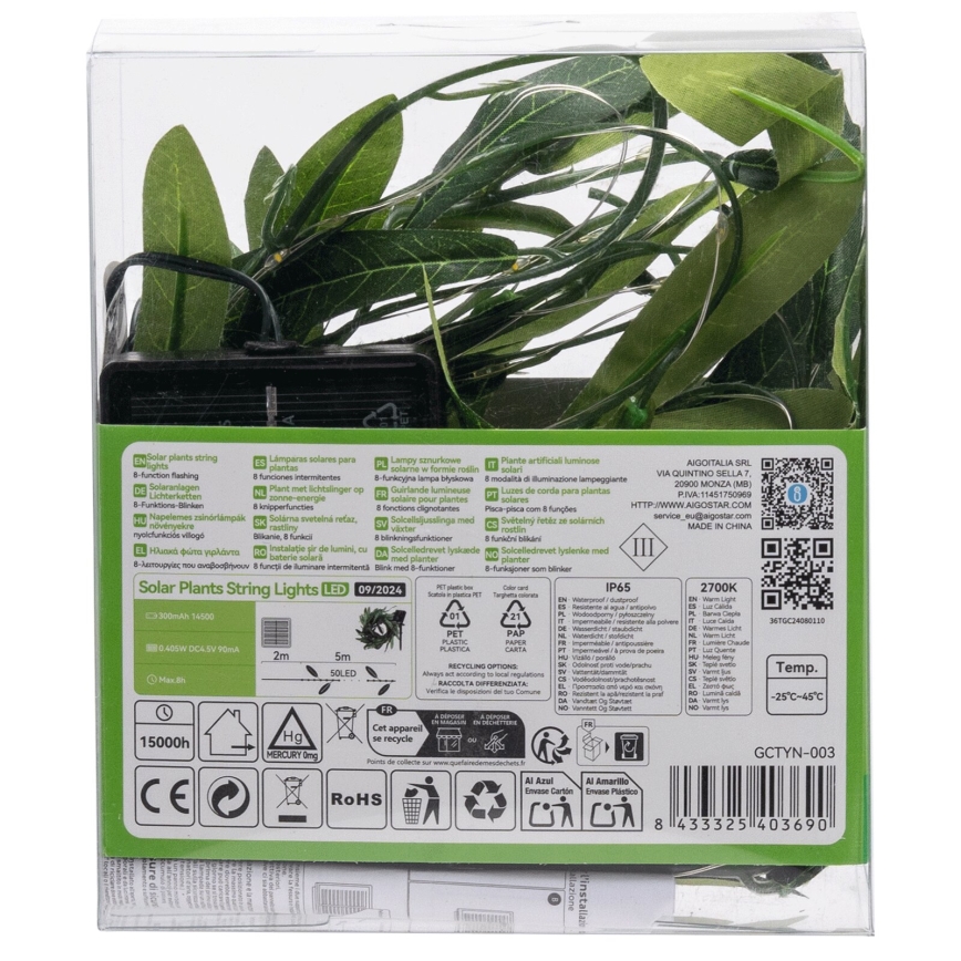 Aigostar - LED Solarni lanac 50xLED/7m IP65 topla bijela olive
