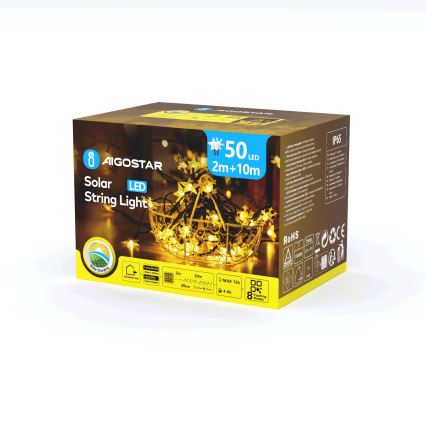 Aigostar - LED solarni lanac 50xLED/8 funkcija 12m 800mAh IP65 topla bijela