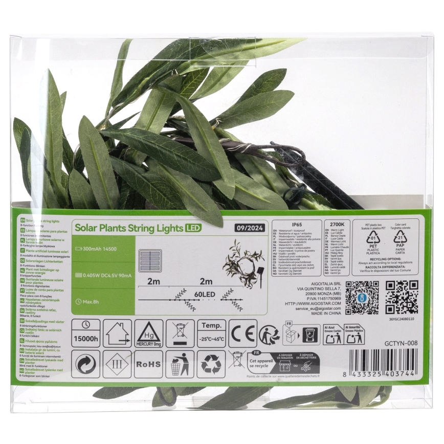 Aigostar - LED Solarni lanac 60xLED/4m IP65 topla bijela olive