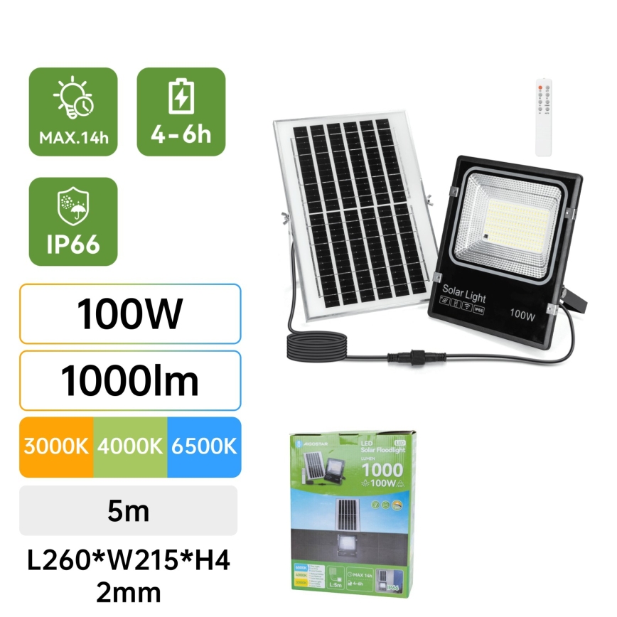 Aigostar - LED Solarni reflektor LED/100W/3,2V 2000mAh 3000K/4000K/6500K IP66 + daljinski upravljač