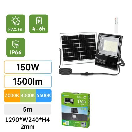 Aigostar - LED Solarni reflektor LED/150W/3,2V 3000mAh 3000K/4000K/6500K IP66 + daljinski upravljač