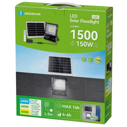 Aigostar - LED Solarni reflektor LED/150W/3,2V 3000mAh 3000K/4000K/6500K IP66 + daljinski upravljač