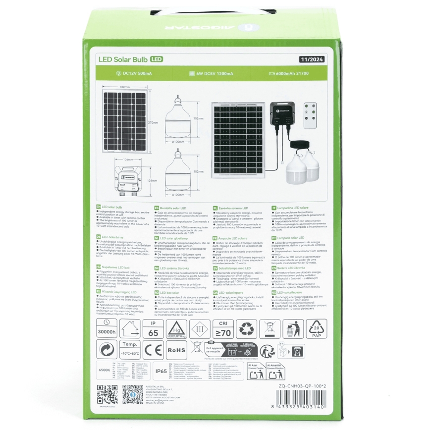 Aigostar - LED solarni luster 2xLED/35W/12V 6000 mAh 6500K IP65 Ø 10 cm + daljinski upravljač