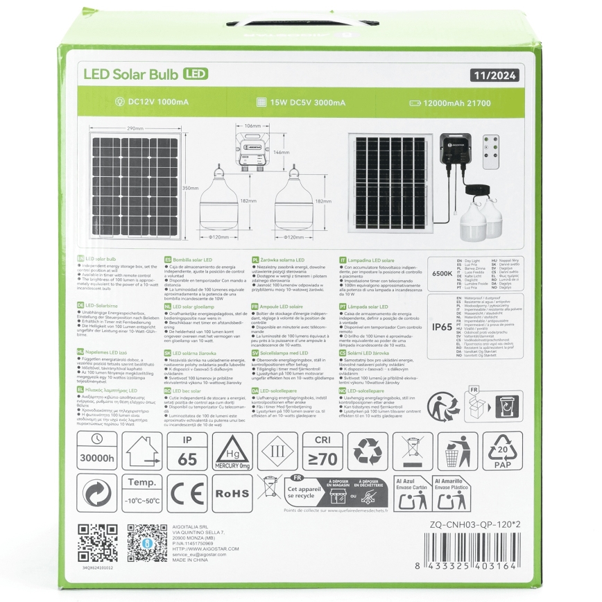 Aigostar - LED solarna svjetiljka 2xLED/70W/12V 12000 mAh 6500K IP65 promjer 12 cm + daljinski upravljač
