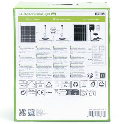 Aigostar - LED solarni luster 2xLED/70W/12V 12000 mAh 6500K IP65 Ø 23,5 cm + daljinsko upravljanje