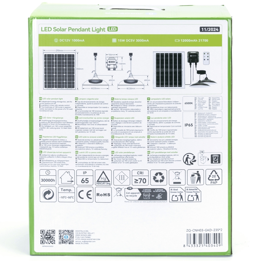 Aigostar - LED solarni luster 2xLED/70W/12V 12000 mAh 6500K IP65 Ø 23,5 cm + daljinsko upravljanje