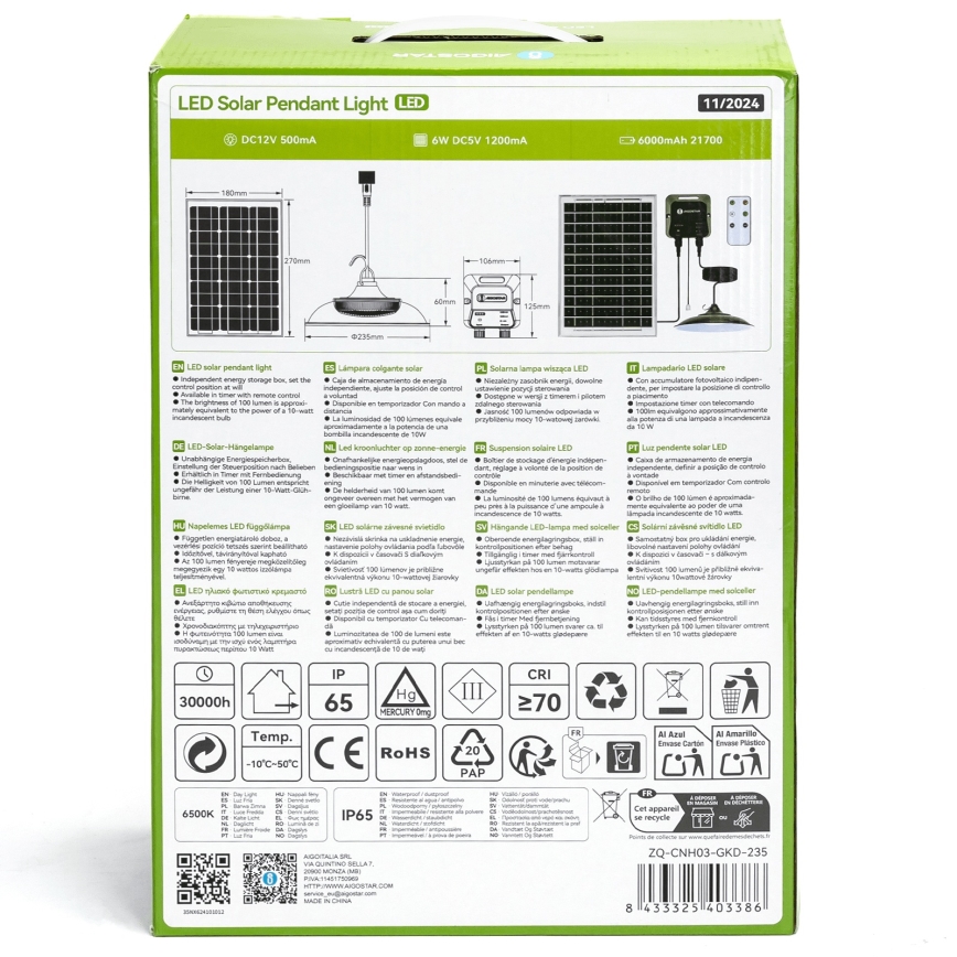 Aigostar - LED solarna svjetiljka 70 W / 12 V, 6000 mAh, 6500 K, IP65, Ø 23,5 cm + daljinski upravljač