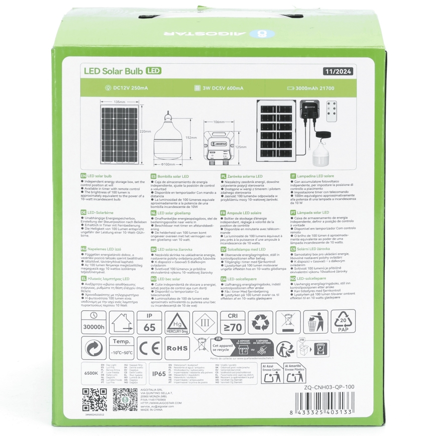 Aigostar - LED solarni luster LED/35W/12V 3000 mAh 6500K IP65 Ø 10 cm + daljinski upravljač