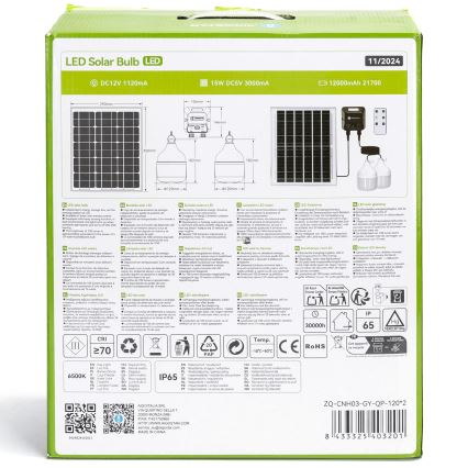 Aigostar - LED solarni luster s senzorom 2xLED/70W/12V 12000 mAh 6500K IP65 promjer 12 cm + daljinski upravljač