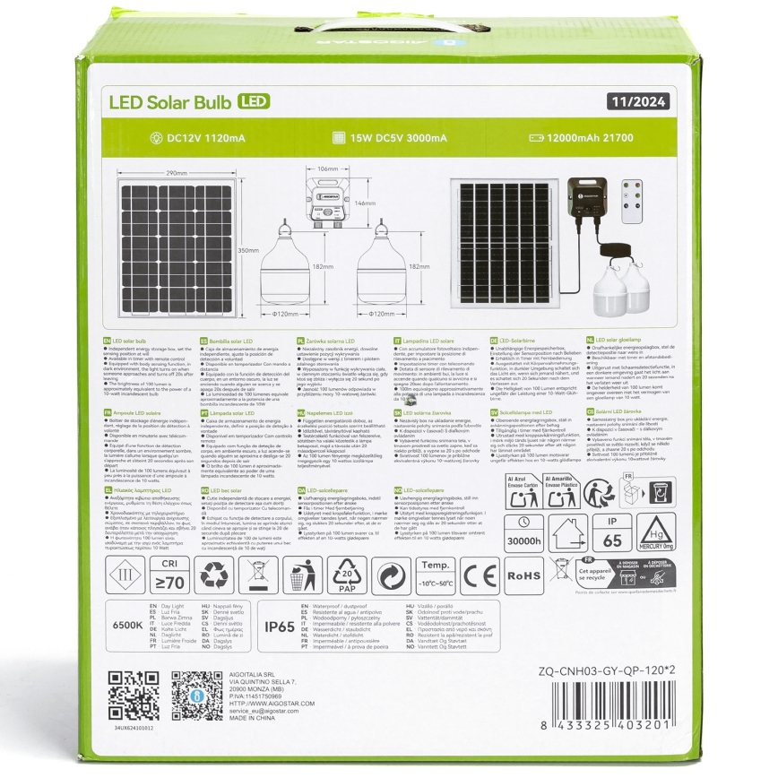 Aigostar - LED solarni luster s senzorom 2xLED/70W/12V 12000 mAh 6500K IP65 promjer 12 cm + daljinski upravljač