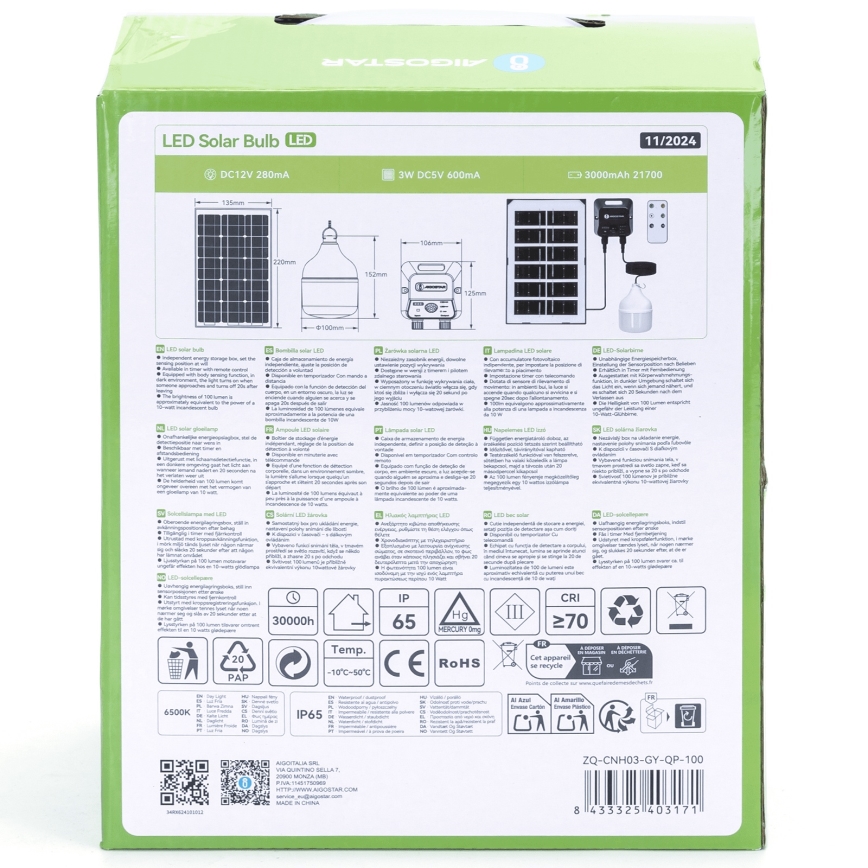Aigostar - LED solarni luster sa senzorom LED/35W/12V 3000 mAh 6500K IP65 Ø 10 cm + s daljinskim upravljačem