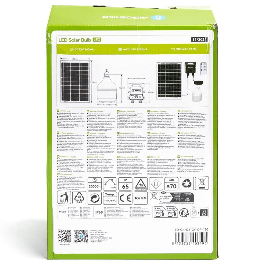 Aigostar - LED Solarni luster sa senzorom LED/70W/12V 6000 mAh 6500K pr. 12 cm + daljinski upravljač