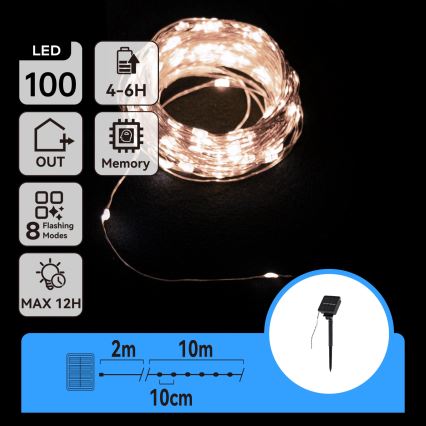 Aigostar - Solarni LED niz 100x LED / 8 funkcija, 12 m, IP65, 800 mAh, hladno bijela