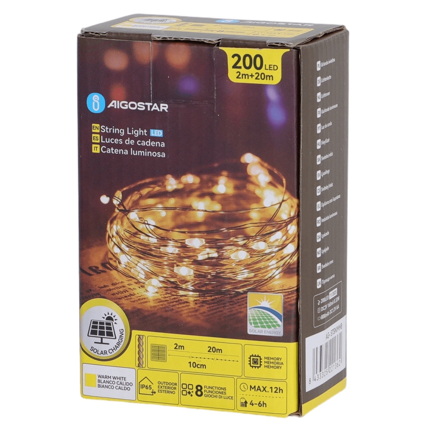 Aigostar - LED solarni niz 200 LED/8 funkcija 22 m IP65 topla bijela 800 mAh