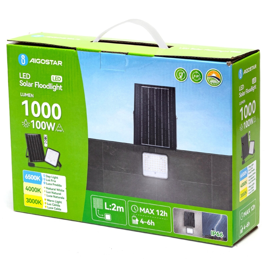 Aigostar - LED solarni reflektor s prigušivanjem LED/100W/3,4V 3000/4000/6500K IP66 8000 mAh + daljinski upravljač