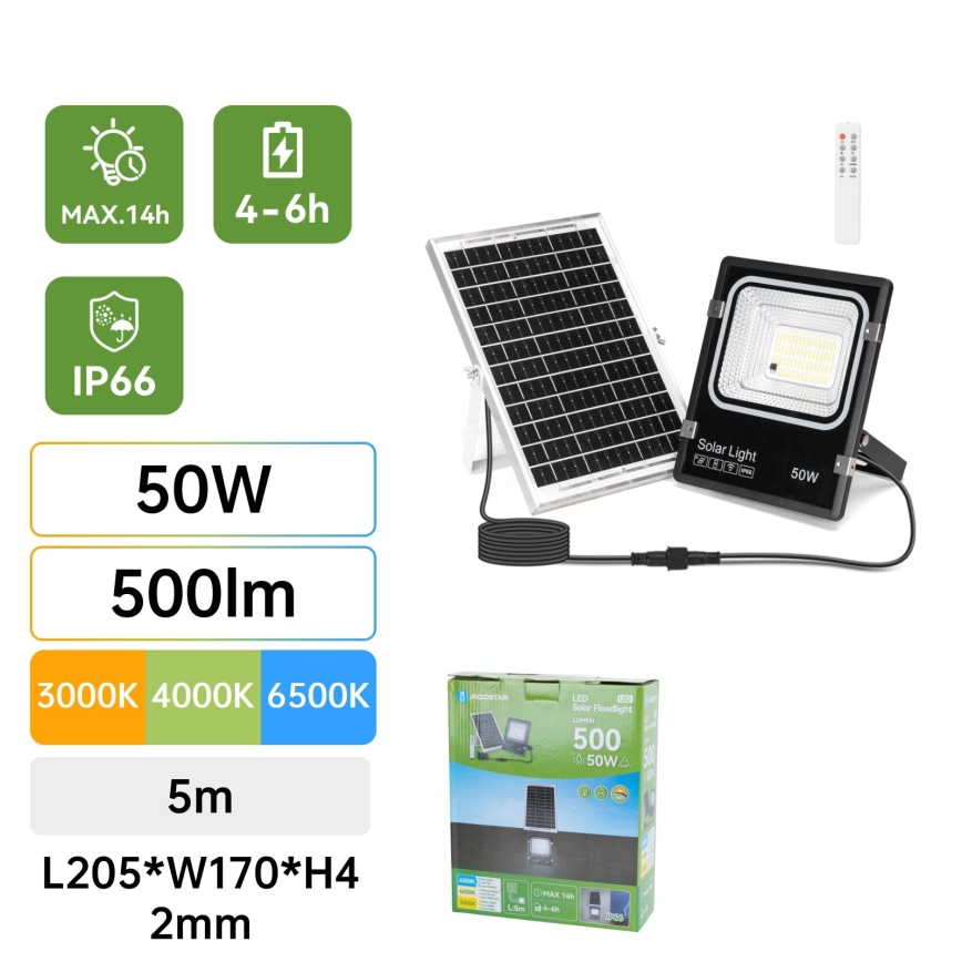 Aigostar - LED solarni reflektor s podesivom svjetlinom LED/50W/3,2V 1200mAh 3000K/4000K/6500K IP66 + daljinski upravljač