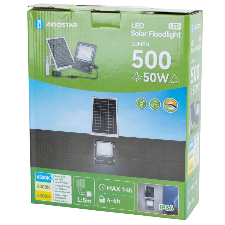 Aigostar - LED solarni reflektor s podesivom svjetlinom LED/50W/3,2V 1200mAh 3000K/4000K/6500K IP66 + daljinski upravljač