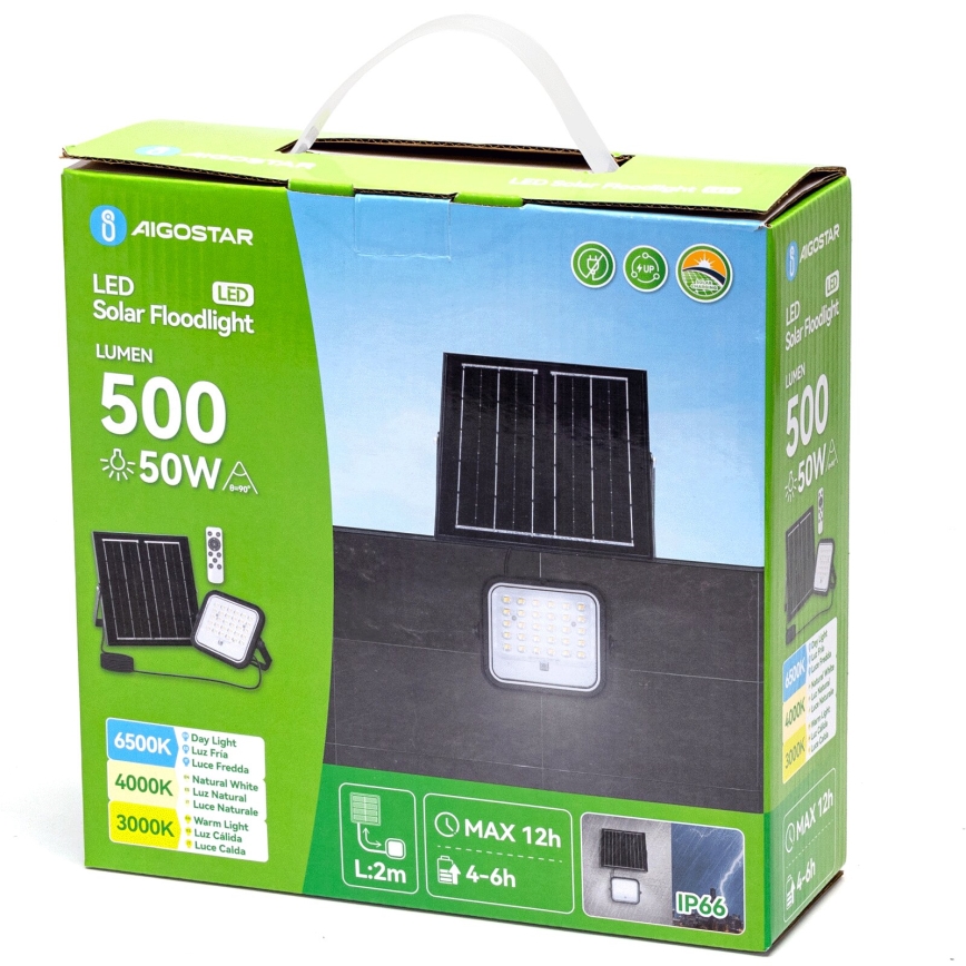 Aigostar - LED solarni reflektor s mogućnošću prigušivanja LED/50W/3,4V 3000/4000/6500K IP66 4000 mAh + daljinski upravljač