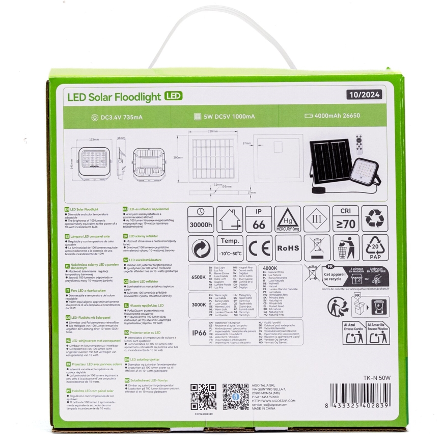 Aigostar - LED solarni reflektor s mogućnošću prigušivanja LED/50W/3,4V 3000/4000/6500K IP66 4000 mAh + daljinski upravljač