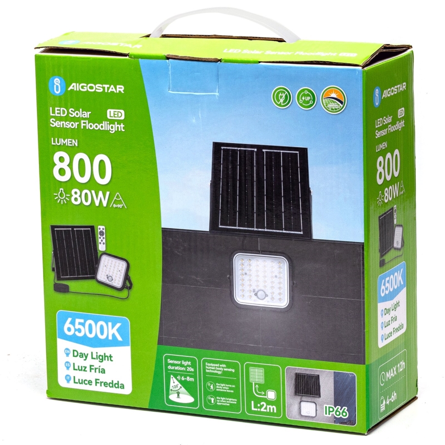 Aigostar - LED solarni reflektor s mogućnošću prigušivanja i senzorom / 80W / 3,4V / 6500K / IP66 / 4000 mAh + daljinski upravljač