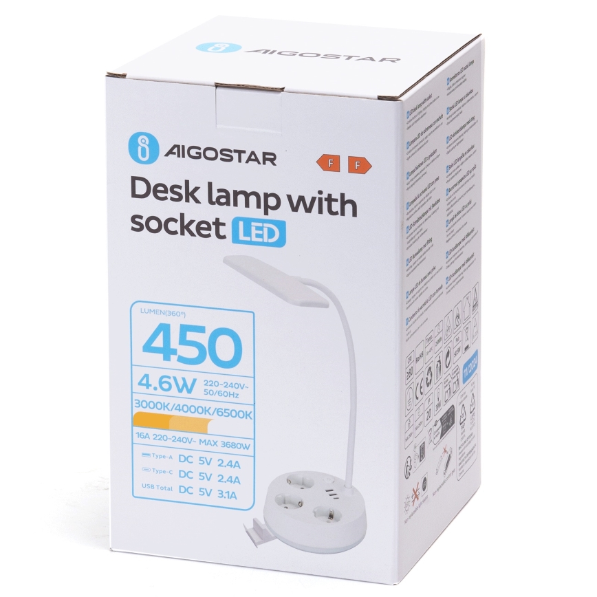 Aigostar - LED stolna lampa s dimmerom, utičnicama i USB LED/4,6W/230V 3000/4000/6500K bijela