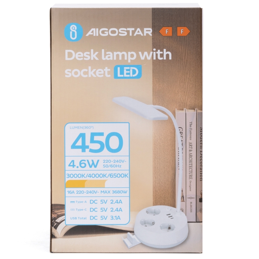 Aigostar - LED stolna lampa s dimmerom, utičnicama i USB LED/4,6W/230V 3000/4000/6500K bijela
