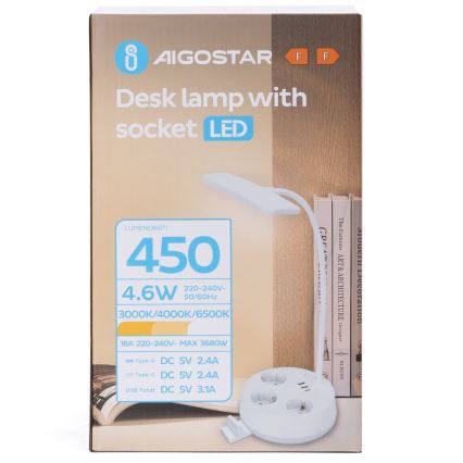 Aigostar - LED podesiva stolna lampa s utičnicama i USB priključkom LED/4,6W/230V 3000/4000/6500K bijela