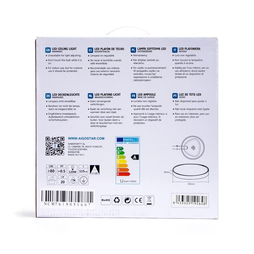Aigostar - LED Stropna svjetiljka LED/12W/230V 3000K pr. 23 cm bijela