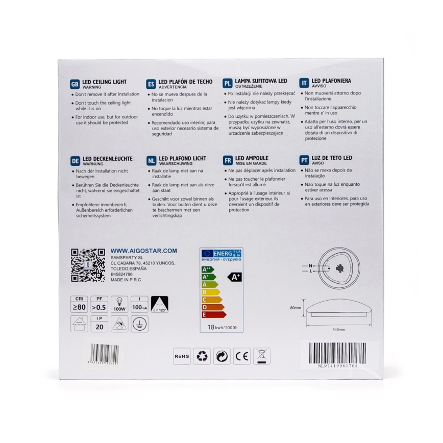 Aigostar - LED stropna svjetiljka sa senzorom LED/18W/230V 3000K