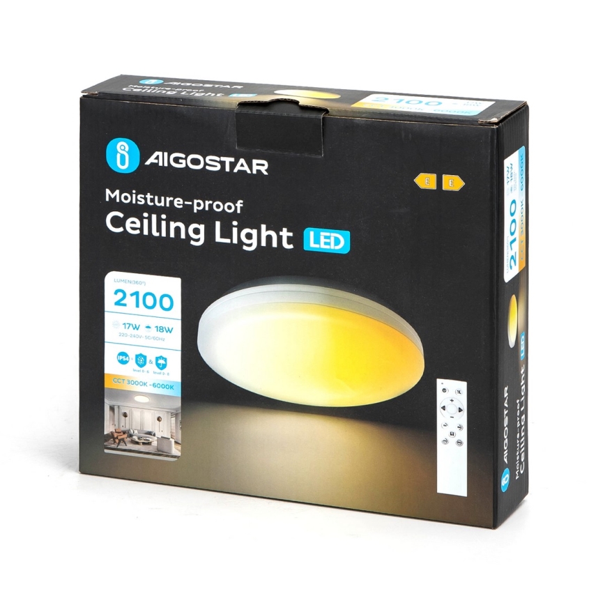 Aigostar - LED Prigušiva stropna svjetiljka za kupaonicu LED/18W/230V 3000-6000K IP54 + daljinski upravljač