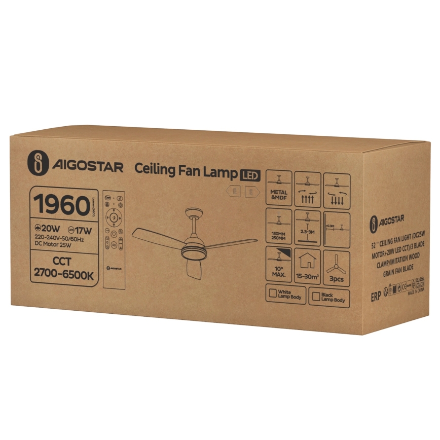 Aigostar - LED stropni ventilator s prigušivanjem svjetla LED/20W/230V 2700-6500K 132 cm smeđa + daljinski upravljač