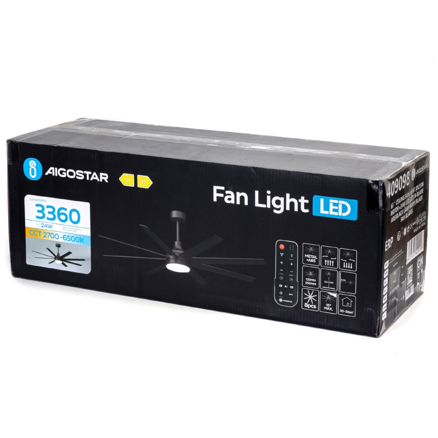 Aigostar - LED stropni ventilator s prigušivanjem svjetla LED/24W/230V 2700-6500K 165cm crni + daljinski upravljač
