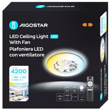 Aigostar - LED stropni ventilator s prigušivanjem svjetla LED/40W/230V 2700-6500K promjer 49 cm + daljinski upravljač bijeli