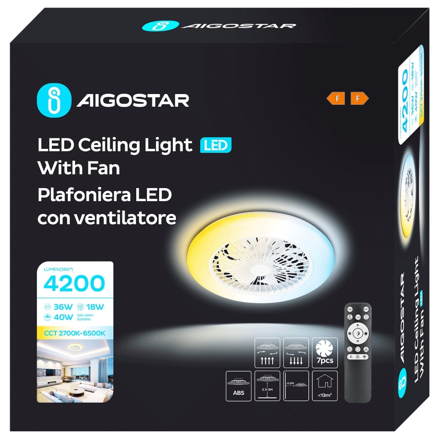 Aigostar - LED stropni ventilator s prigušivanjem svjetla LED/40W/230V 2700-6500K promjer 49 cm + daljinski upravljač bijeli