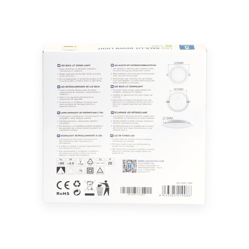 Aigostar - LED Ugradbena svjetiljka LED/18W/230V 4000K pr. 22 cm bijela