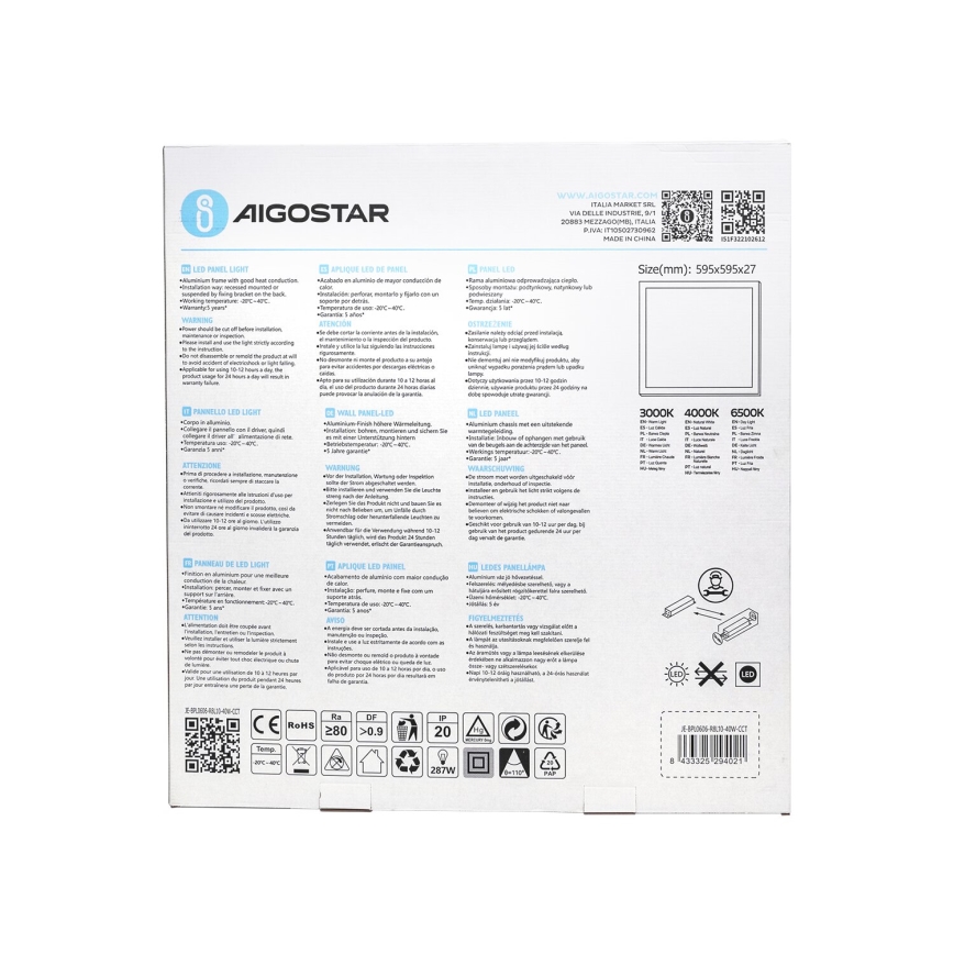 Aigostar - LED Ugradbeni panel LED/40W/230V 3000K/4000K/6500K 60x60cm bijela