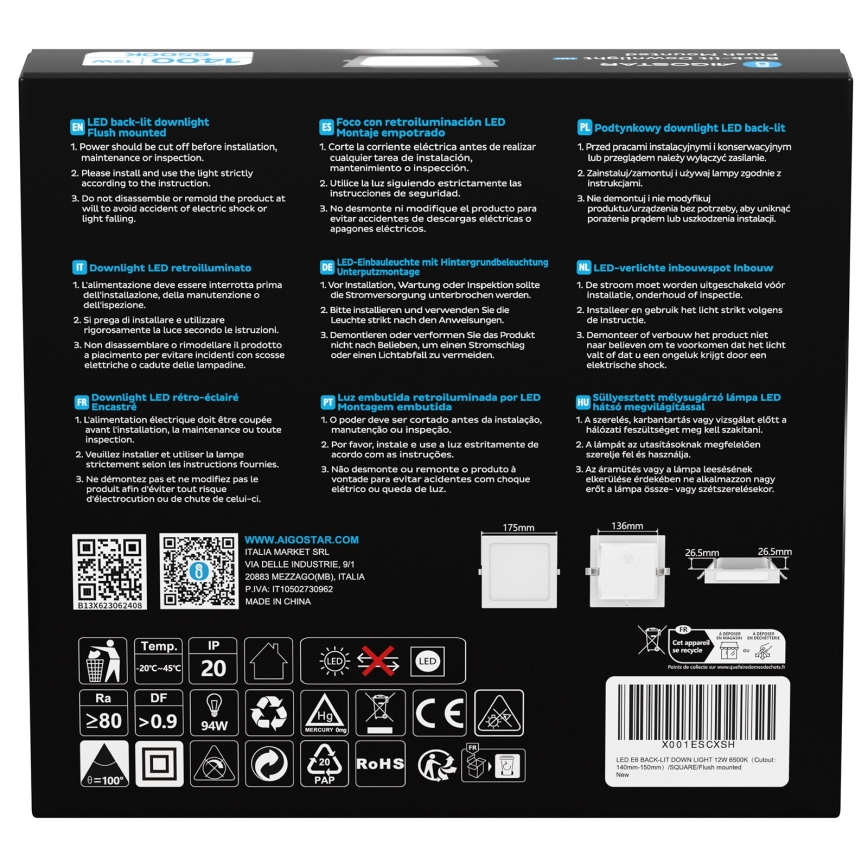 Aigostar - LED Ugradna svjetiljka LED/12W/230V 6500K 17,5x17,5 cm bijela
