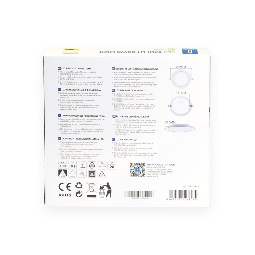 Aigostar - LED ugradna svjetiljka LED/18W/230V 3000K Ø 22,2 cm bijela