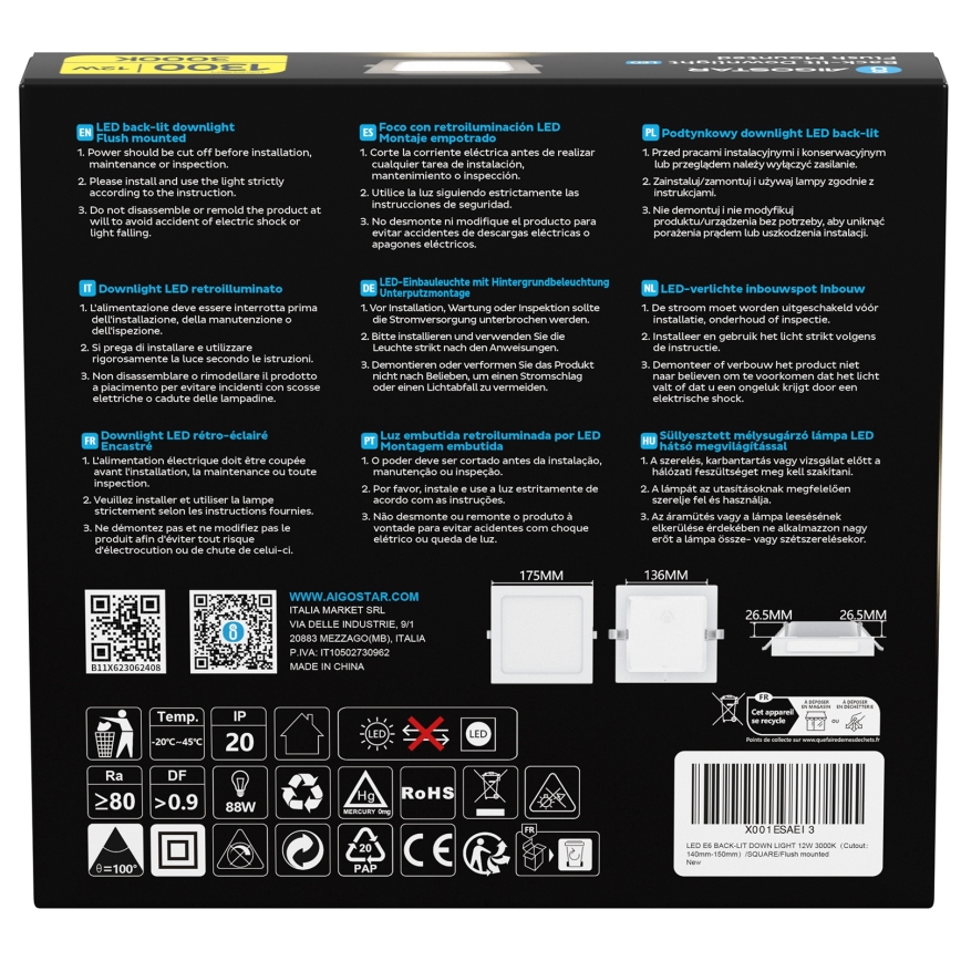 Aigostar - LED ugradno svjetlo LED/12W/230V 3000K 17,5x17,5 cm bijela
